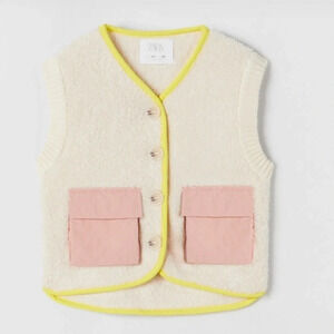 Zara Kids Boucle Knit Sweater Vest Fleece Pile  Retro Vintage Button Down 13-14